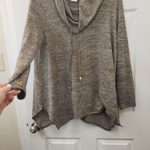Rafaella weekend, Tan black, cowlneck drawstring, sharkbite hem knit tunic, SZXL - Picture 11 of 14